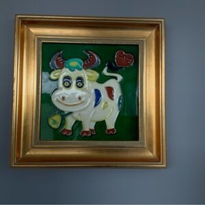 Cow Painting stained glass Tile in Gold Frame